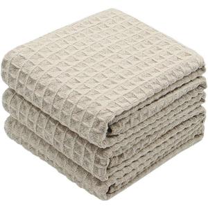 Waffle Weave Absorbent Kitchen Dish Towels - Thick Microfiber 16Inch x 24Inch, 3 Pack, Khaki