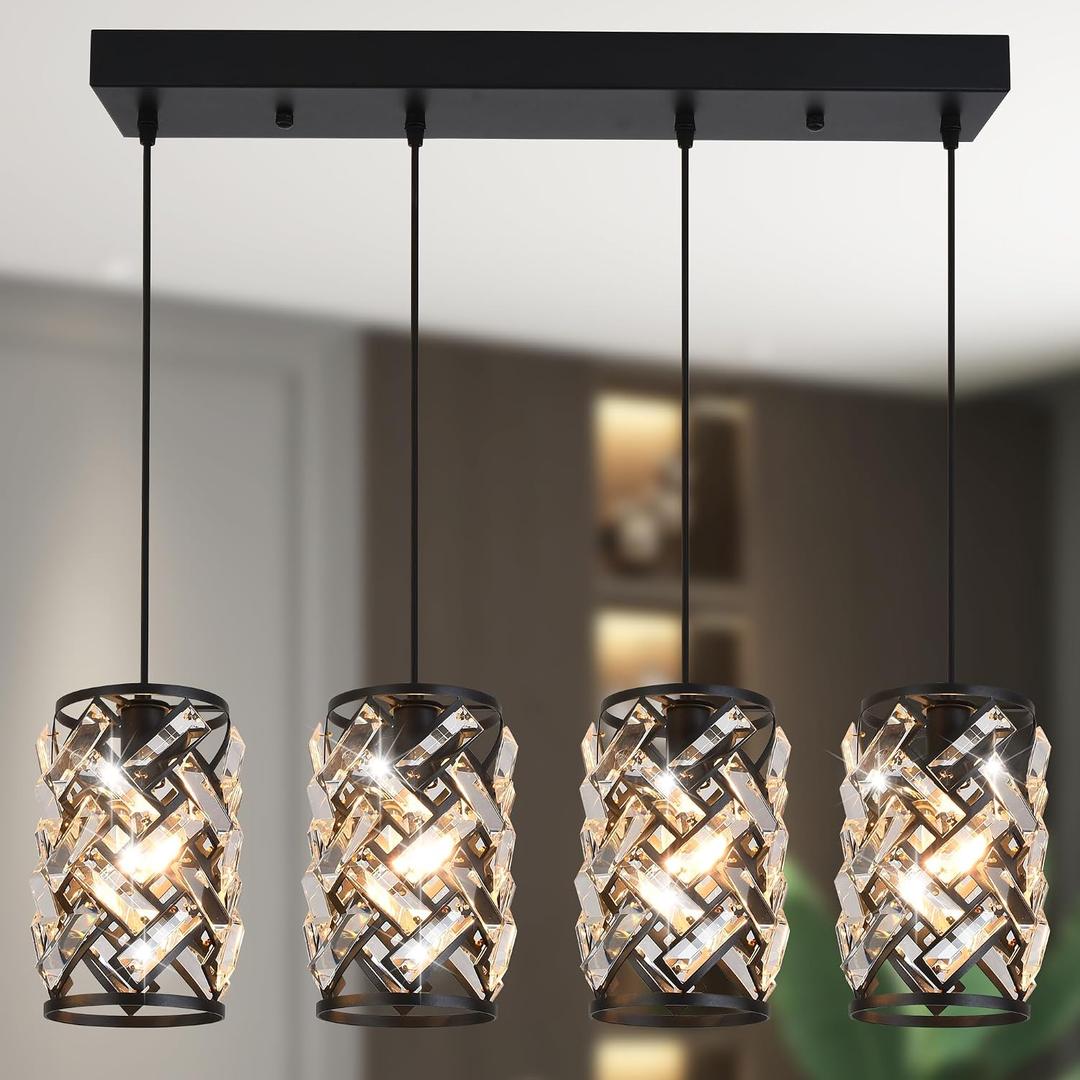 Pendant Lights Kitchen Island, 25.6 Modern Farmhouse Crystal Pendant Lighting, K9 Crystal Chandelier for Dining Room, Entryway & Bar, Adjustable Hanging Light Fixture (E26 Base, Bulbs Not Included)