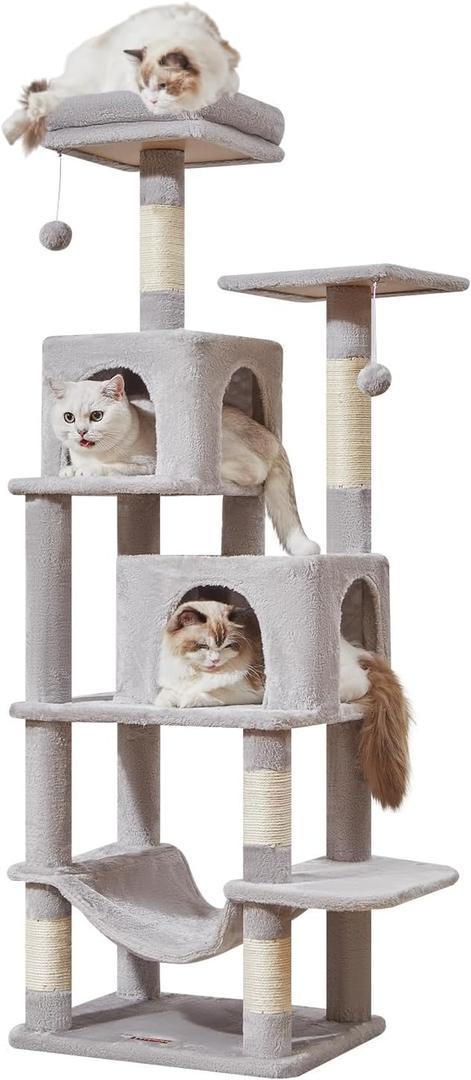 Taoqimiao Cat Tree, 61-Inch Cat Tower for Indoor Cats, Plush Multi-Level Cat Condo with 5 Scratching Posts, 2 Perches, 2 Caves, Hammock, 2 Pompoms, Light Gray MS013SW (62IN)