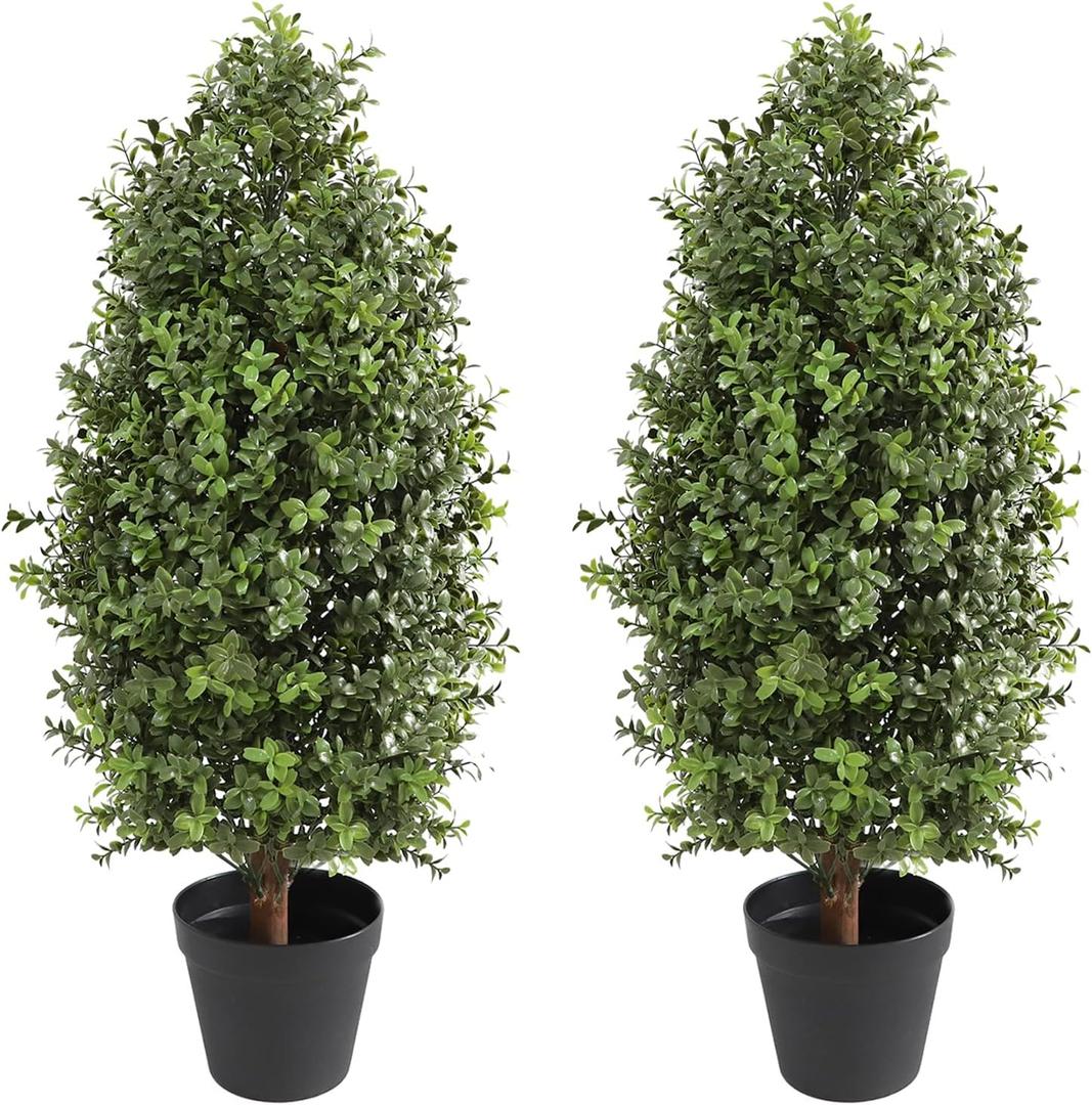 30" Tall Artificial Boxwood Topiary, 2 Pcs Outdoor Ready Artificial Boxwood Topiaries Trees, Natural Looking Fake Potted Shrubs