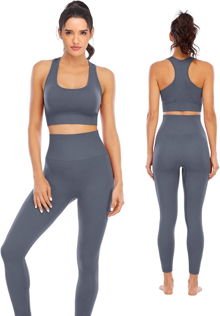 Workout Sets for Women 2 Piece High Waisted Seamless Leggings with Padded Stretchy Sports Bra Sets Gym Clothes (Large, Grey)