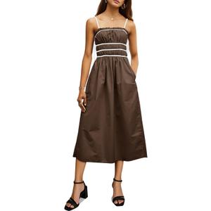 Wenrine Women Summer Spaghetti Strap Dress Sleeveless Tie Smocked Sundress A Line Vacation Beach Midi Dresses (Brown)