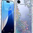 Coolwee Clear Glitter for iPhone Air Case, with Screen Protector, Cute for Women Girls, Slim Shockproof 10FT Drop Protection for iPhone 17 Air Phone Case Crystal Lace Bling Mandala Henna Floral