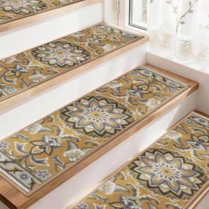 COSY HOMEER-Stair-Treads-for-Wooden-Steps Washable Indoor Stair Treads Non Slip 8" X 30" Soft Stair Carpet Treads Reusable Peel and Stick Stair Runner Rug for Kids, Elders and Pets 15pcs (Brown/Grey)