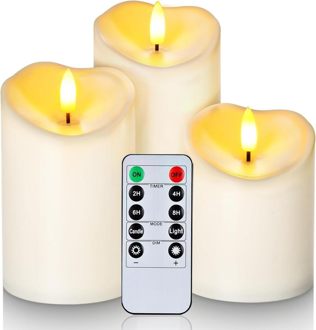 Homemory Outdoor Waterproof Flameless Candles, LED Candle with Remote and Timer, Battery Operated Candles, Electric Fake Plastic Candles, Ivory White, Set of 3