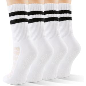 CS CELERSPORT Pilates Socks for Women, 4 Pairs Yoga Crew Non Slip Grip Socks for Barre Hospital Gym (M)