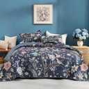 Litanika Floral Ocean Blue Quilt - 3Pcs Botanical Birds Pattren Bed, Super King