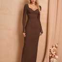 HTZMO Women Fall Long Sleeve Bodycon Maxi Dress Sexy V Neck Wedding Guest Formal Party Elegant Long Dresses (Brown, S)