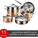 Lagostina Martellata Tri-ply Hammered Copper 11 PC Pots and Pans Cookware Set, Copper