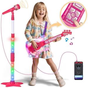 Kids Guitar and Microphone Set, Microphone with Stand and Color Light, Toy Guitar with Strap and Adjustable Volume, Toddler Musical Instrument for 5-9, Kids Karaoke Machine for Boy Girls (Pink)