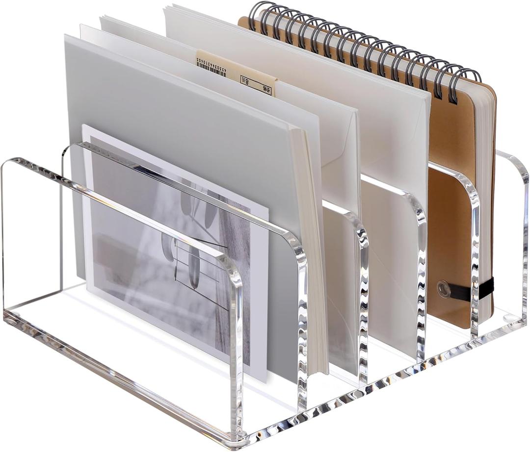 Acrylic Desk Organizer, 5 Compartments Mail Organizer,Small File Holders Letter Organizer,Clear Office Organization,Multifunction Sorter Envelope Rack for Office,Home, School