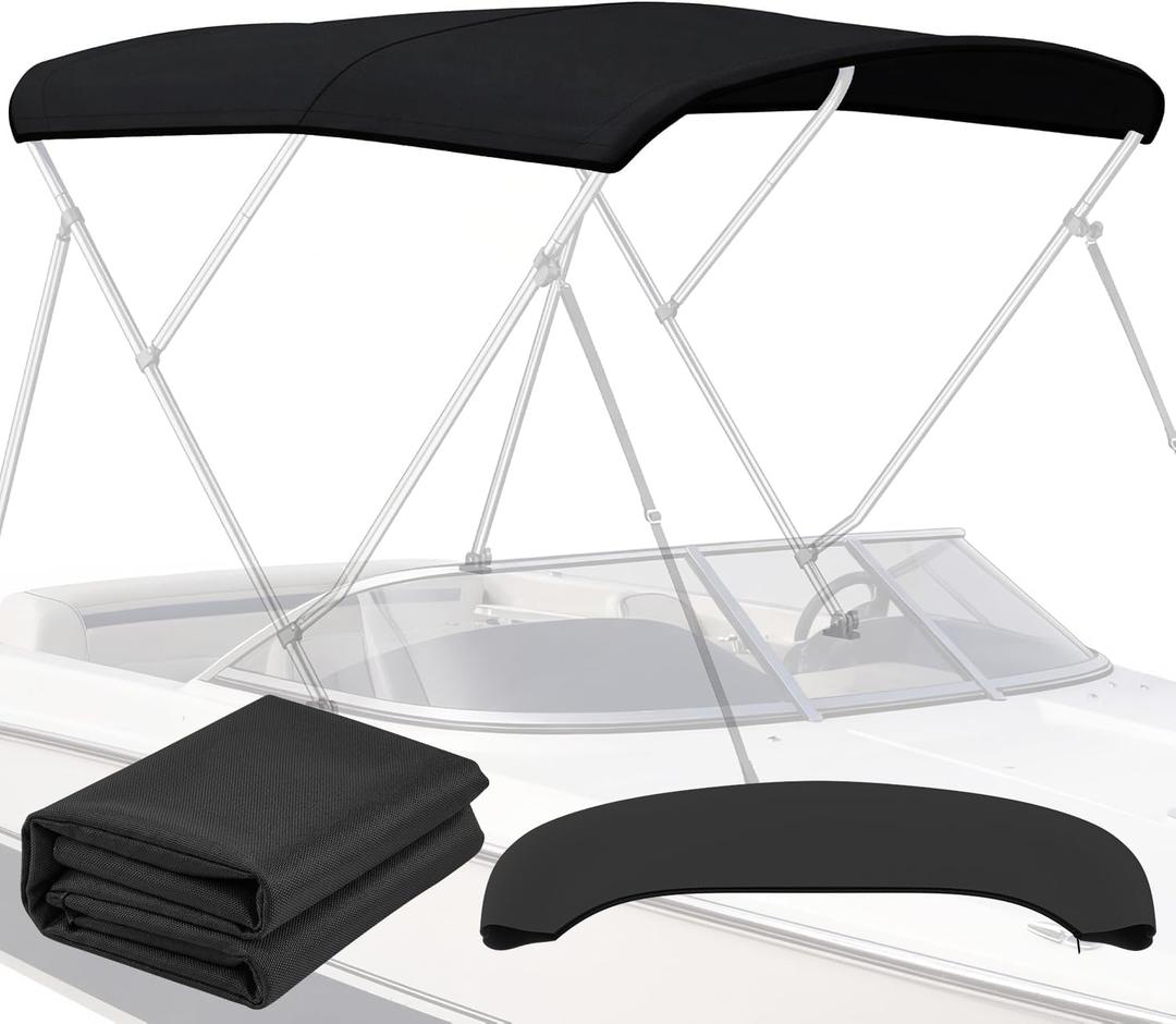 3 Bow Bimini Top Replacement Cover - 900D Polyester Canvas without Frame, Waterproof & UV-Proof Sun Shade Boat Canopy with Storage Boot for Jon Boats, Pontoon Boats (Black, 6'L x 46-54"W x 60"H)