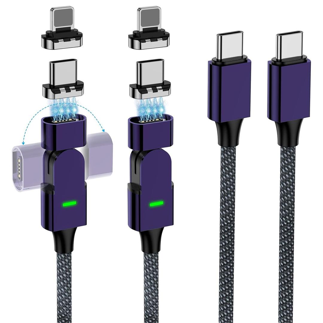 100W Magnetic USB C Charging Cable, 180 Rotation 2 in 1 Magnetic Phone Charger Cable [2 Pack, 4/6.6ft],480Mbps Data Transfer, for iPhone 16 15,14,13,iPad,MacBook Pro,Galaxy S22 (Purple)