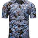 fohemr Mens Luxury Outfit Set Black Gold Shirts And Shorts 2 Piece Tracksuit Set Baroque Button Down Chain Print Suit with Bucket Hats Blue XX-Large (XXL)