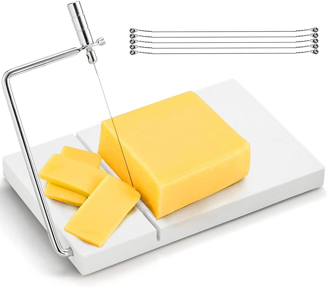 ZEAYEA Cheese Slicer, Marble Cheese Cutter with 6 Wires, 8" L x 5" W Heavy Duty Cheese Cutting Board for Cutting Block Cheeses, Butter, Fruit, Appetizers, White Marble