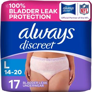 Always Discreet Adult Diapers for Women, Incontinence Underwear, Postpartum Essentials, Disposable Briefs, Max Absorbency, Bladder Leak Protection, Large, 17ct