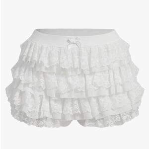 BEAUDRM Women's Y2k Ruffle Shorts Lace Lolita Bloomers Elastic Waist Bow Front Shorts Micro Boyshorts Solid White Small
