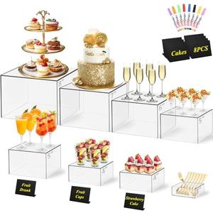 8 Pcs Clear Acrylic Buffet Risers with Mini Sign and Maker,Buffet Risers and Stands Clear Food Display Risers for Buffet Table Party Catering Dessert Cupcake Collectibles (8" 7" 6" 5" 5" 4" 4" 3")