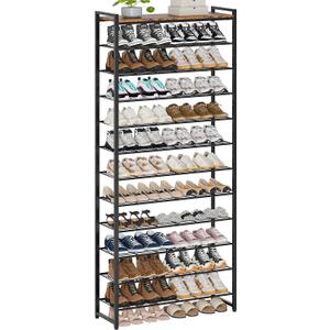 12 Tier Shoe Rack Organizer for 48-60 Pairs, Tall Metal Shoe Storage Shelf with Wood Top, Adjustable Boot Space, Narrow Design for Entryway Closet, Rustic Brown and Black