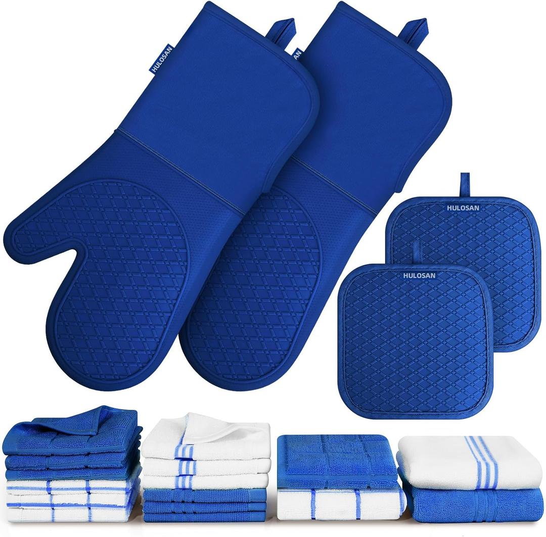 Silicone Oven Mitts Pot Holder Kitchen-Towels100% Cotton Dish Towels for Kitchen,Super Soft and Absorbent Kitchen Hand Towels/Tea Towels.Pot Holder,Oven Mitt Heat Resistant,Silicone Grip,Gift Set (Royal Blue)