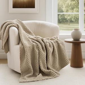 EVERGRACEHOME Chunky Chenille Knit Throw Blanket for Couch, Soft Luxurious Moss Stitch Blankets for Bed, Cozy Decorative Farmhouse Knitted Throws for Sofa, Sand Dune, 50" x 60"