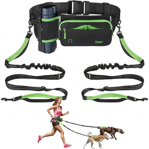 Hands Free Dog Leash 2 Dogs, Adjustable Waist Leash for Dog Walking with Dual Bungees Padded Handle, Shock Absorbing Hands Free Belt for Small Medium-Sized Dogs Outdoor Activities, Black