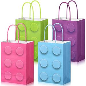 PerKoop 24 Pieces Building Block Party Favor Bags, Bricks Candy Treat Paper Bags, Party Gift Goodie Bags with Handle for Girls Building Block Birthday Baby Shower Decoration Supplies(Simple)