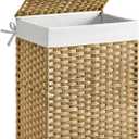 SONGMICS Handwoven Laundry Basket, 90L Synthetic Rattan Clothes Hamper with Lid and Handles, Foldable, Removable Liner Bag, Natural LCB51NL