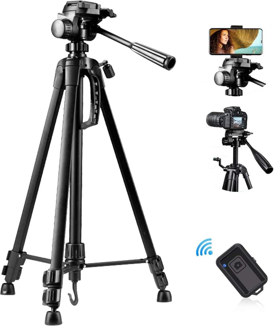 55" Camera Tripod, Lightweight Aluminum Travel DSLR Camera Stand with 6.6lb Load Capacity, Bluetooth Remote Shutter, Carry Bag & Weight Hook for Higher Stability (Black)