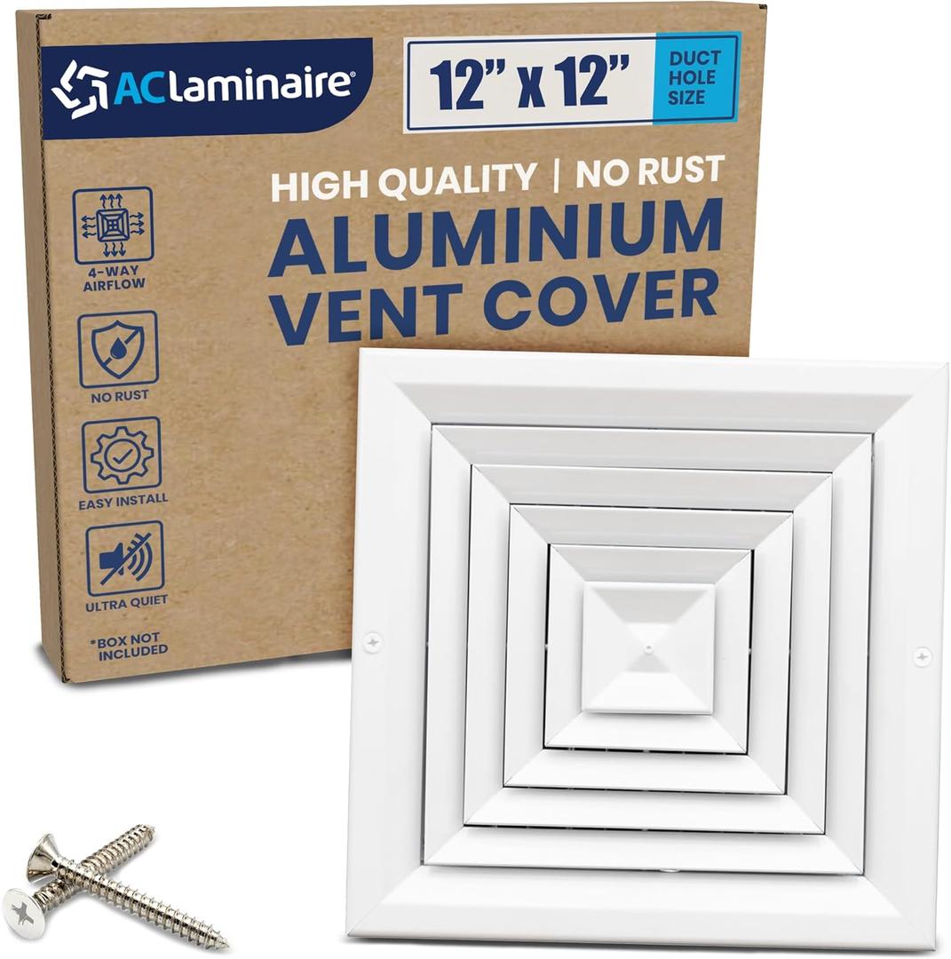 12x12 Inch (Duct Opening) Air Vent Cover - 4-Way AC & Ceiling Register Vent Cover with Extruded Aluminum Core HVAC Ceiling Diffuser - Air Conditioner Grille with Opposing Blades Damper by ACLAMINAIRE