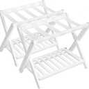 SONGMICS Solid Wood Luggage Racks, Set of 2, No Assembly Required, Foldable Suitcase Stand, Luggage Holder, with Storage Shelf, for Guest Room, Hotel, Bedroom, Cloud White URLR021W01