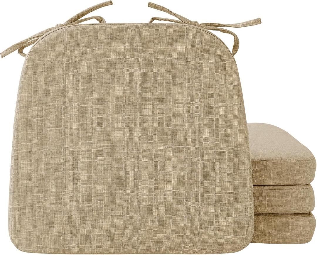 Chair Cushions for Dining Chairs, 2" Thick Seat Cushions for Kitchen Chairs, D-Shaped Chair Pads with Washable Cover, Ties and Non Slip Backing, 17'' x 16'', Set of 4, Khaki