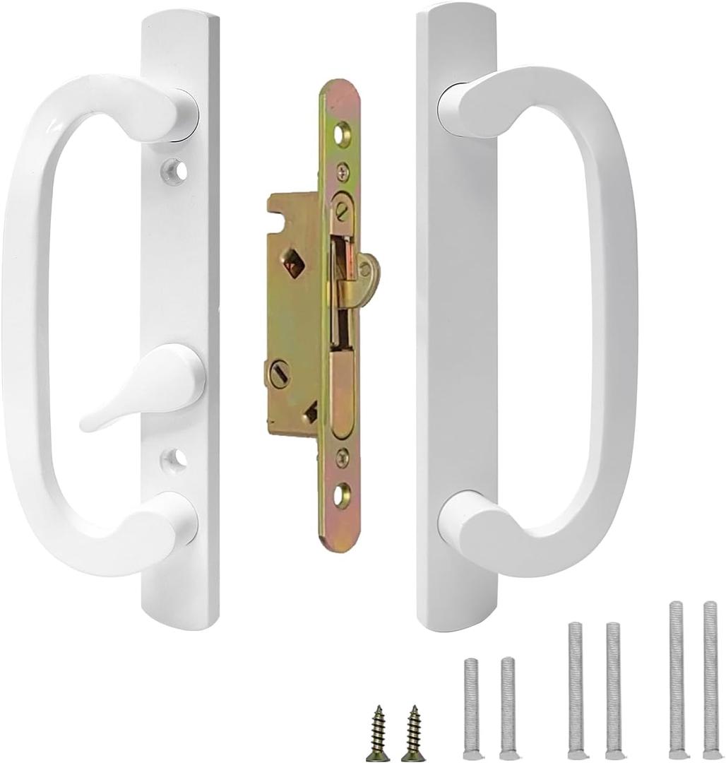 Sliding Patio Door Handle with Mortise Lock,Offset Position,45 Keyway,3-15/16" H.C.Fits 1-3/8" to 2" Thick Doors,White Zinc Diecast