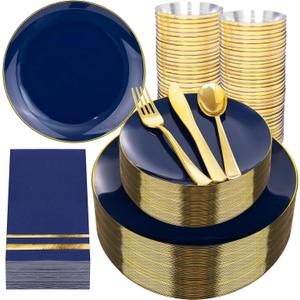 NOCCUR 350PCS Navy Blue Plastic Plates - Blue Disposable Dinnerware Set for 50 Guests, 100 Dinner/Dessert Plates, 150 Gold Silverware, 50 Cups&50 Napkins for Party/Wedding/Graduation/Memorial Day
