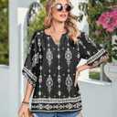 Zeagoo Womens Tops 3/4 Sleeve V Neck Bohemian Blouses Casual Loose Fit Tunic Boho Shirts Floral Printed Clothes (Black, XL)