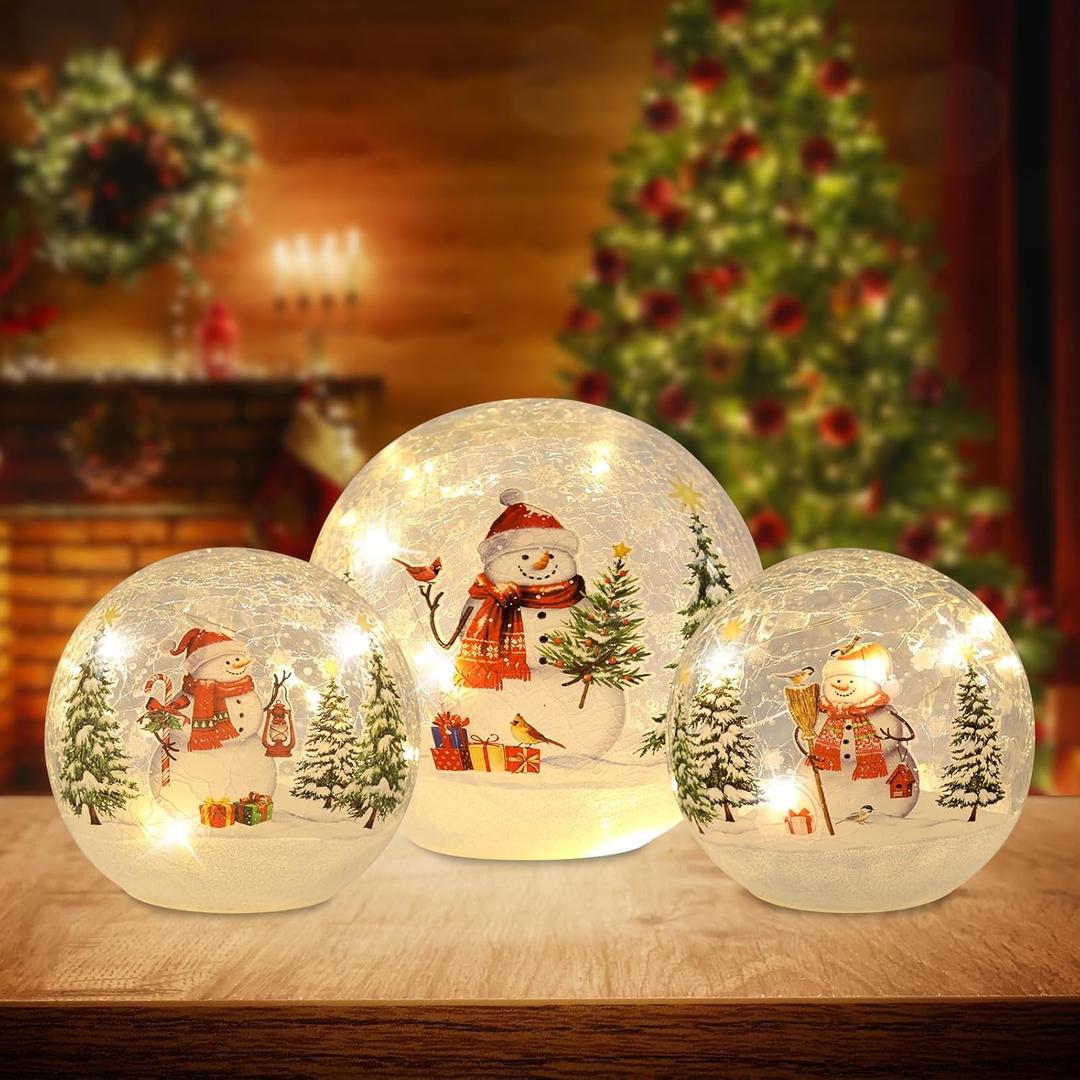 YEAHOME Christmas Decorations Indoor,Set of 3 Snowman Crackle Glass Ball with LED Lights Home Decor, Christmas Table Decorations Lighted Globes with Timer for Mantel Fireplace Tabletop (Golden)