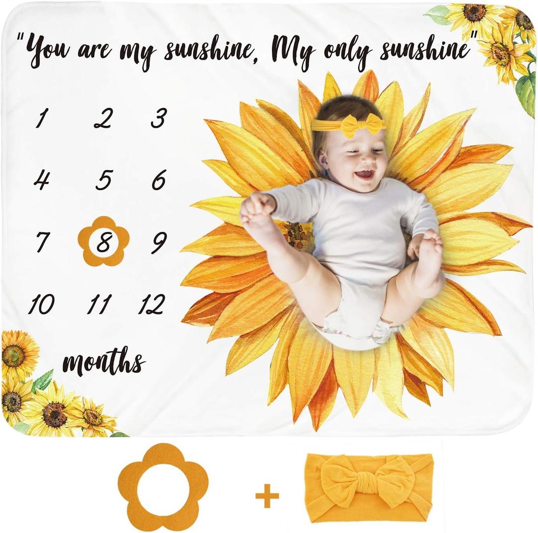Baby Monthly Milestone Blanket Girl - Sunflower Newborn Month Blanket Personalized Shower Gift Floral Nursery Decor Flower Photography Background Prop with Frame Headband Large 51''x40''