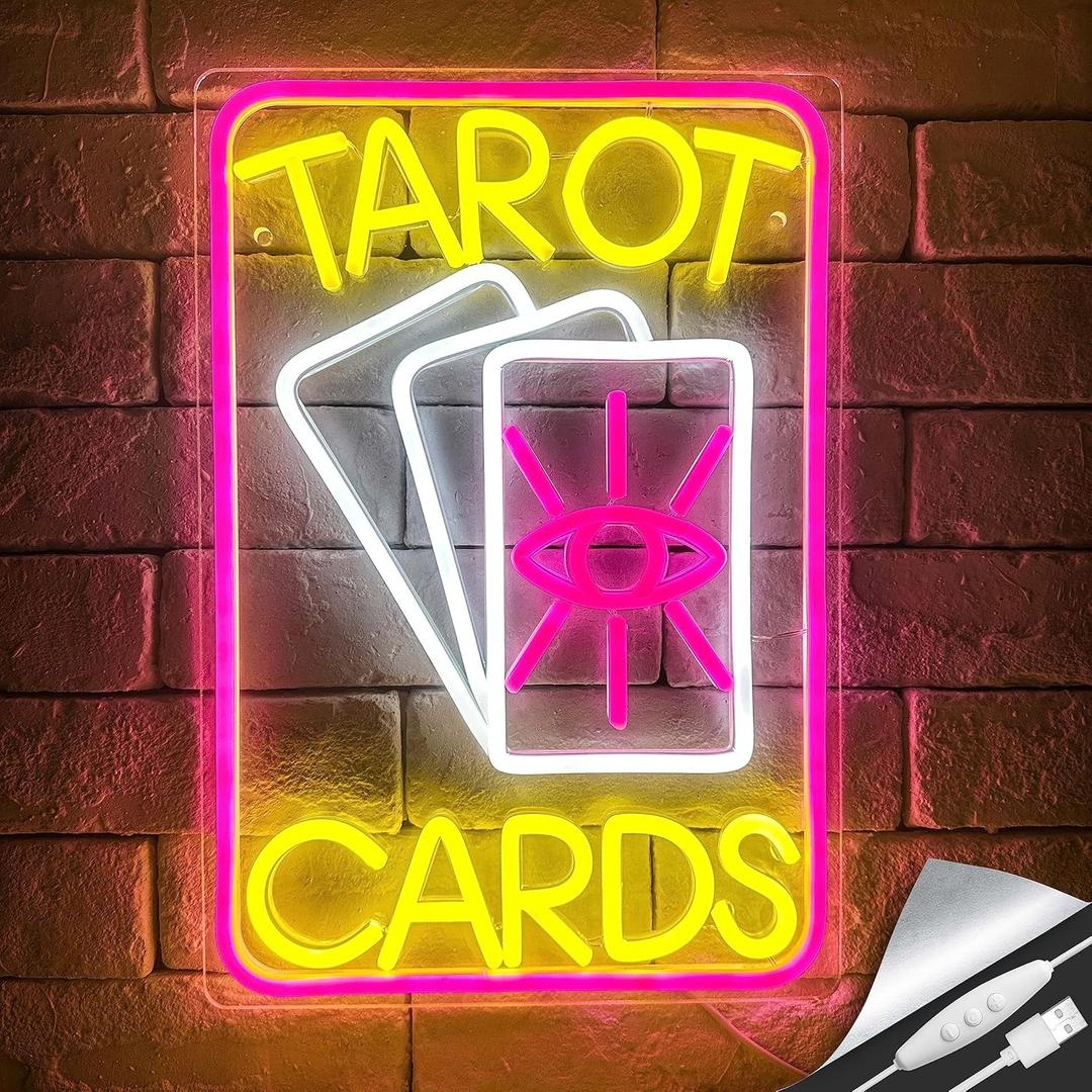 Tarot Cards Neon Sign, Pink LED Light for Room Wall Decor, Dimmable Switch, Acrylic Material, 10.24x14.88 inches, Indoor Neon Signage