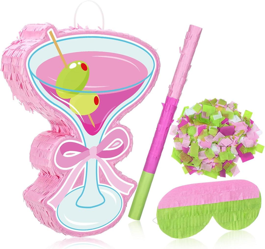Harloon Pink Martini Piata with Stick Blindfold Confetti Margarita Bachelor Party Decorations Cocktail Glass for Margs Matrimony Birthday Martini Party Supplies