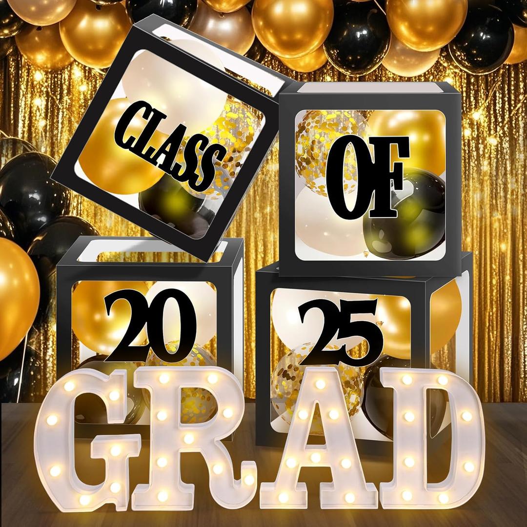 BainGesk Graduation Decorations 2025, 4 LED Light Up Letters "GRAD" with Balloons Boxes, Graduation Decorations Class of 2025, Grad Party Decor