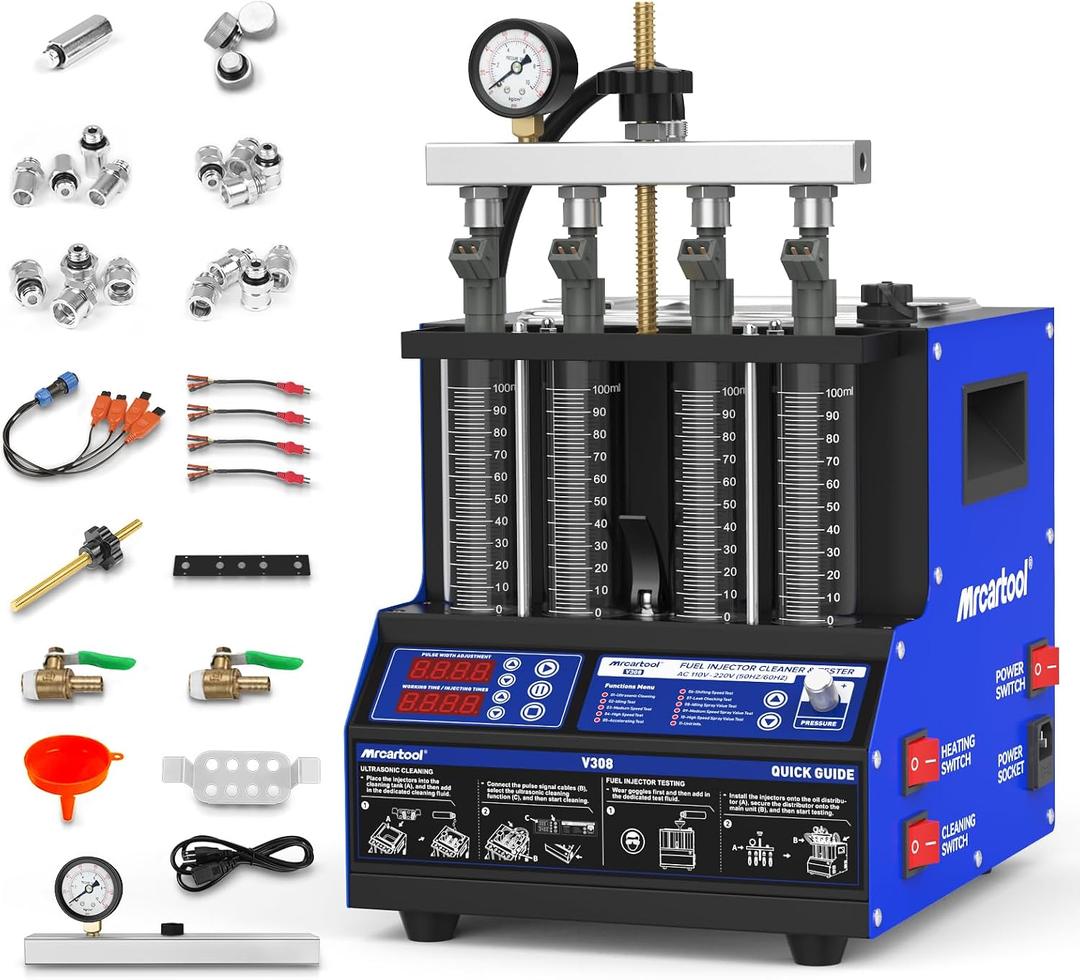 MR CARTOOL V308 Injector Cleaner Machine 4-Cylinder, 110V Injector Cleaner Tester Machine Heated Ultrasonic Fuel System Injection Cleaning Kit for Gasoline Car Motorcycle