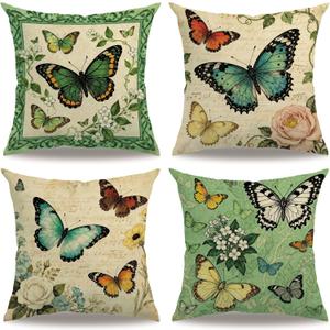 Vintage Butterfly Throw Pillow Cover 18x18 inch,Watercolor Bloom Flowers Garden Cushion Cover Farmhouse Nature Theme Spring Home Decorative Pillowcase ,4Pack for Sofa Couch Porch Patio (Beige)