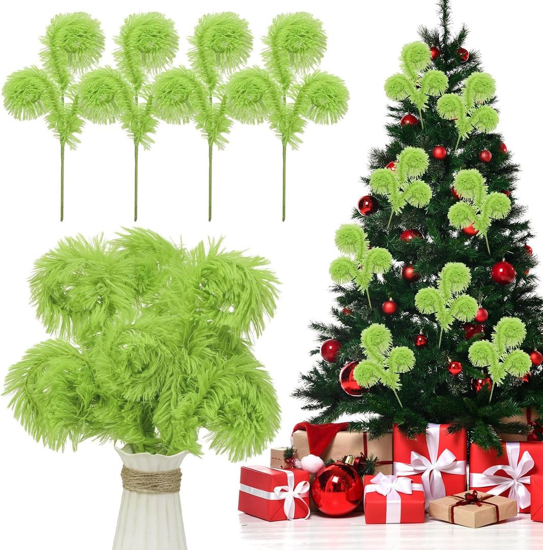 Realspring 4 Pcs Lime Green Furry Christmas Tree Picks 16 Inch Christmas Tree Topper Decorations Furry Spiral Curly Sprays Stems for Xmas Home Wreath DIY Crafts Vase Filler Decorations Gifts Supply