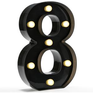 Pooqla Decorative Led Light Up Number Letters, Black Plastic Marquee Number Lights Sign for 8th 18th 80th Birthday Party Wedding Decor Battery Operated Black Decoration 8