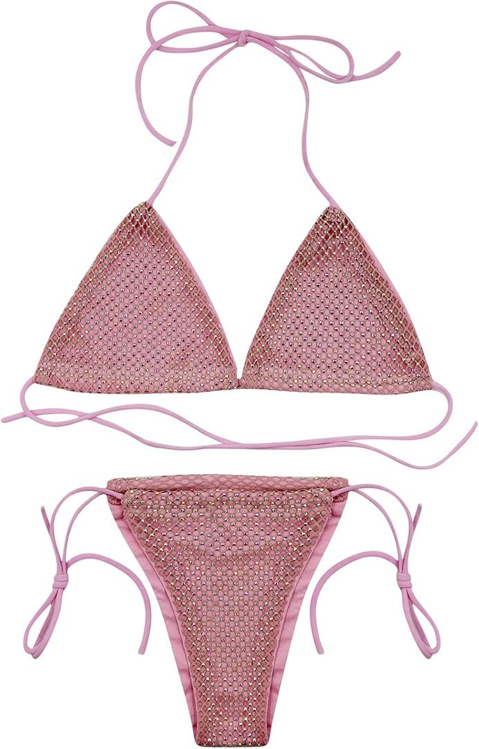 Women 2 Piece Shiny Diamond Crystal Bathing Suit Bikini Sexy Push Up Swimwear for Party Rave Clubwear (Small, Thong Bikini Pink)