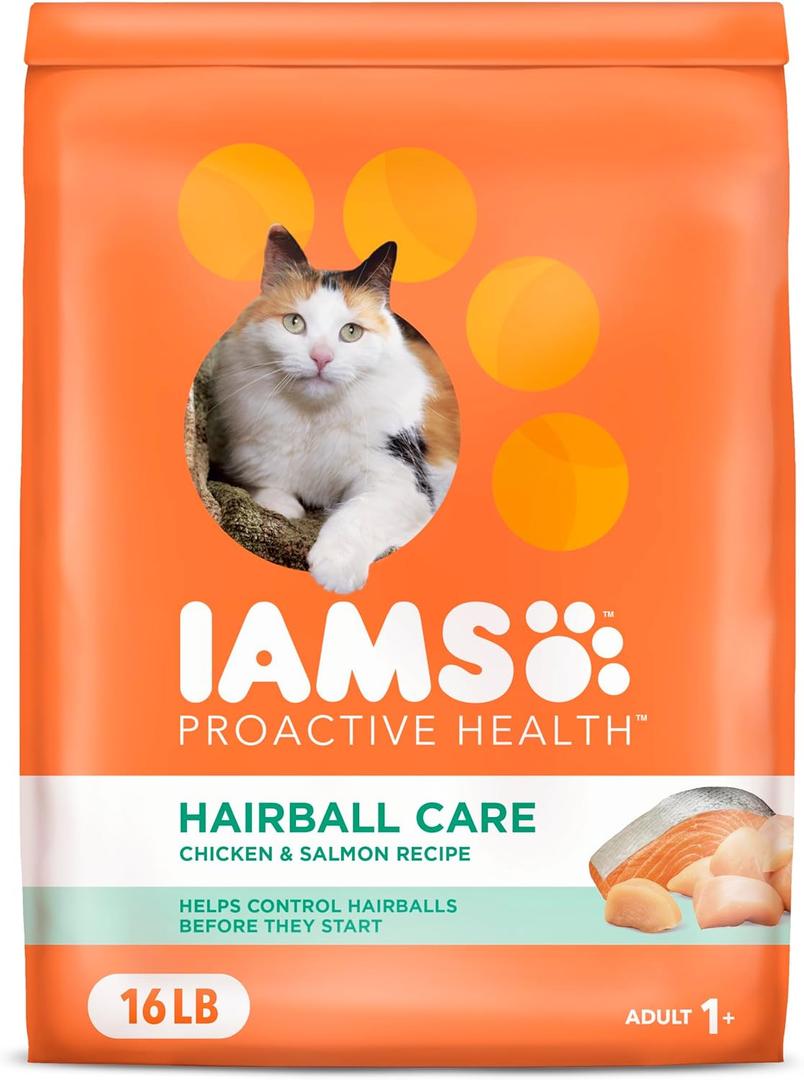 IAMS PROACTIVE HEALTH Adult Hairball Care Dry Cat Food with Chicken and Salmon Cat Kibble, 16 lb. Bag
