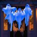 4 Pack Halloween Hanging Ghost Decorations, 27.5" Light Up Spooky Floating Ghosts with Blue LED, Outdoor & Indoor Haunted House, Porch, Yard, Party Decor, Patio Lawn Garden
