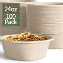 24 Oz Disposable Bowls, [100 Pack] Paper Bowls Disposable - Heavy Duty and Eco-friendly Sugarcane and Bamboo Bagasse Biodegradable Bowls for Cereal, Rice, French Fries - Convenient and Compostable