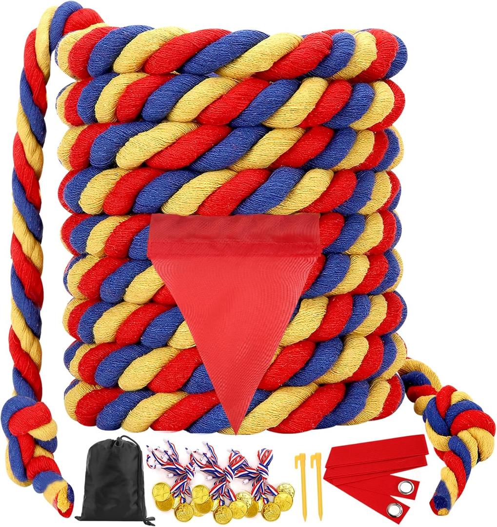 Outdoor Yard Games 40FT Tug of War Rope for Kids Adult, Field Day Family Reunion Birthday Party Games, Halloween Carnival Easter Outside Lawn Yard Fun Games for Team Building Activities, Tricolor (Blue&red&yellow)