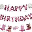 3 x Cowgirl Birthday Party Decorations - Coquette Bow Disco Ball Pink Happy Birthday Cowgirl Boots Banners for Women, Western Disco Cowgirl Party Decorations